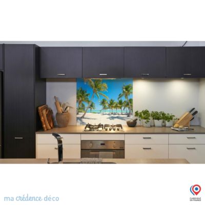 Crédence cuisine fond de hotte Plage et palmiers - Verre trempé - L 90 cm x H 60 cm - MaCrédenceDéco
