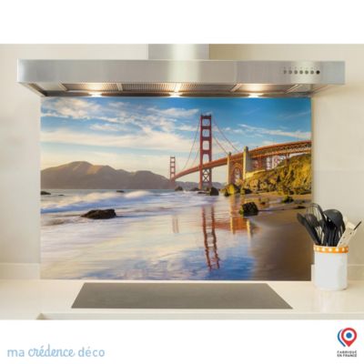 Crédence cuisine fond de hotte Plage et pont San francisco - Verre trempé - L 90 cm x H 70 cm - MaCrédenceDéco
