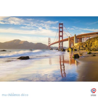 Crédence cuisine fond de hotte Plage et pont San francisco - Verre trempé - L 90 cm x H 70 cm - MaCrédenceDéco