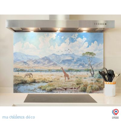 Crédence cuisine fond de hotte Savane Aquarelle - Verre trempé - L 90 cm x H 50 cm - MaCrédenceDéco