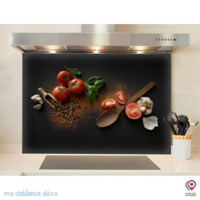 Crédence cuisine fond de hotte Tomates sur bois - Verre trempé - L 70 cm x H 60 cm - MaCrédenceDéco
