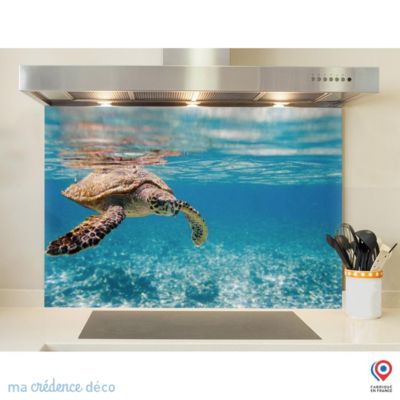 Crédence cuisine fond de hotte Tortue marine aux Seychelles - Verre trempé - L 90 cm x H 70 cm - MaCrédenceDéco