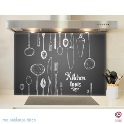 Crédence cuisine fond de hotte Ustensiles sur ardoise - Verre trempé - L 90 cm x H 60 cm - MaCrédenceDéco