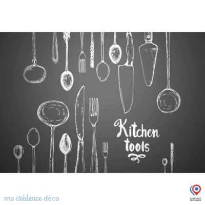 Crédence cuisine fond de hotte Ustensiles sur ardoise - Verre trempé - L 90 cm x H 60 cm - MaCrédenceDéco