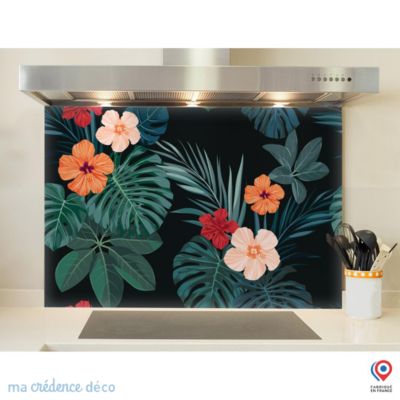 Crédence cuisine fond de hotte Végétation et hibiscus - Verre trempé - L 90 cm x H 50 cm - MaCrédenceDéco