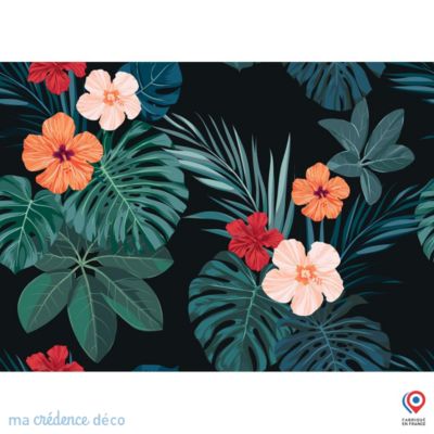 Crédence cuisine fond de hotte Végétation et hibiscus - Verre trempé - L 90 cm x H 50 cm - MaCrédenceDéco