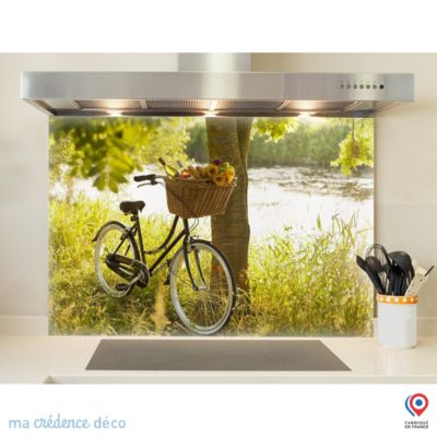 Crédence cuisine fond de hotte Vélo et panier - Verre trempé - L 70 cm x H 60 cm - MaCrédenceDéco