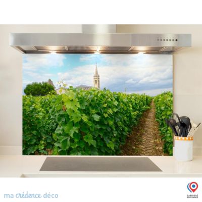 Crédence cuisine fond de hotte Vignoble et église - Verre trempé - L 90 cm x H 70 cm - MaCrédenceDéco