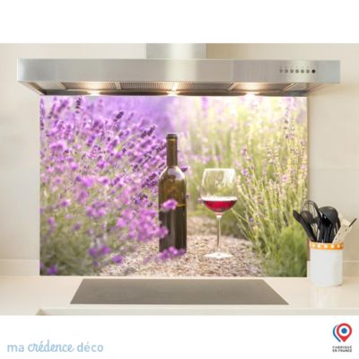 Crédence cuisine fond de hotte Vin et lavandes, Provence cat - Verre trempé - L 90 cm x H 50 cm - MaCrédenceDéco