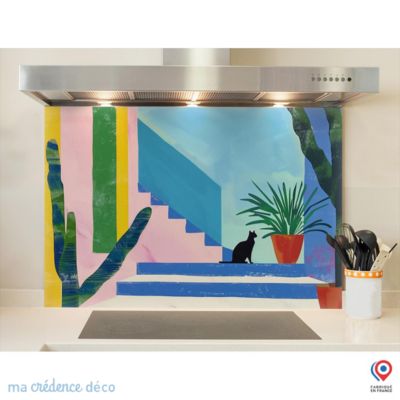 Crédence cuisine fond de hotteChat, cactus et couleurs, Peinture - Verre trempé - L 90 cm x H 50 cm - MaCrédenceDéco