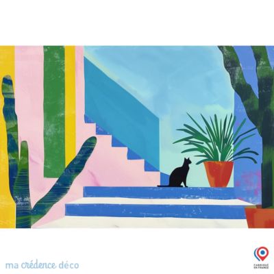 Crédence cuisine fond de hotteChat, cactus et couleurs, Peinture - Verre trempé - L 90 cm x H 50 cm - MaCrédenceDéco