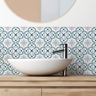 Crédence de salle de bain en PVC motif effet carreaux ciment bleu 140x30 cm (en 2 bandeaux) - Yazir