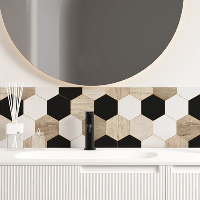 Crédence pour salle de bain en PVC style bois carreaux de ciment beige et noir 140x30 cm (en 2 bandeaux)