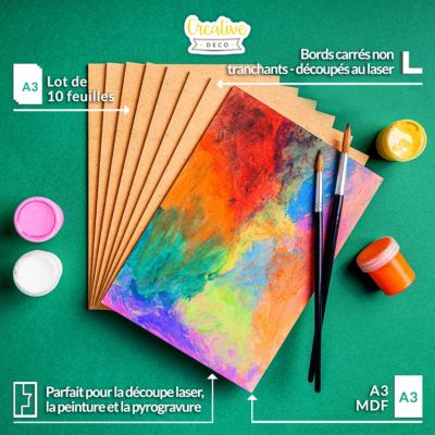 10 Planches MDF Blanc A3 - 42x30cm - Pour Bricolage, Laser, Pyrogravure - Bois Brut 3mm