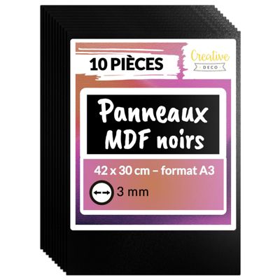 Creative Deco 10 x A3 Panneau MDF Noir 420 x 300 x 3 mm - Planche Bois Brut - Idéal Bricolage, Découpe Laser, Gravure, Pyrogravure