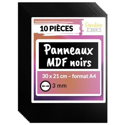 Creative Deco 10 x A4 Panneau MDF Noir 300 x 210 x 3 mm - Planche Bois Brut - Idéal Bricolage, Découpe Laser, Gravure, Pyrogravure