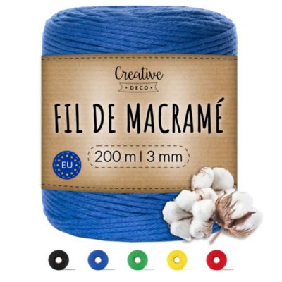Creative Deco 3mm x 200m Corde Macramé Bleu - Fil de Coton et Polyester - +/- 0.5 mm Épaisseur - Decoration Jardinage Emballage