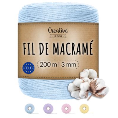 Creative Deco 3mm x 200m Corde Macramé Bleu Pastel - Fil de Coton et Polyester +/- 0.5 mm Épaisseur - 30 Plis - Ficelle Naturel