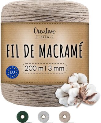 Creative Deco 3mm x 200m Corde Macramé Fil de Coton Beige Foncé - +/- 0,5 mm Épaisseur - Ficelle de 23 Plis - Cordelette Naturel