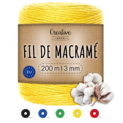 Creative Deco 3mm x 200m Corde Macramé Jaune - Fil de Coton et Polyester - +/- 0.5 mm Épaisseur - Decoration Jardinage Emballage