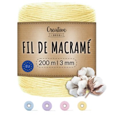Creative Deco 3mm x 200m Corde Macramé Jaune Pastel - Fil de Coton et Polyester +/- 0.5 mm Épaisseur - 30 Plis - Ficelle Naturel