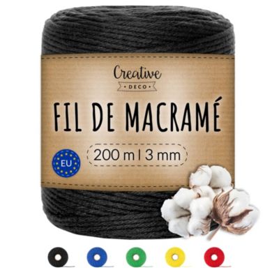 Creative Deco 3mm x 200m Corde Macramé Noir - Fil de Coton et Polyester - +/- 0.5 mm Épaisseur - Decoration Jardinage Emballage