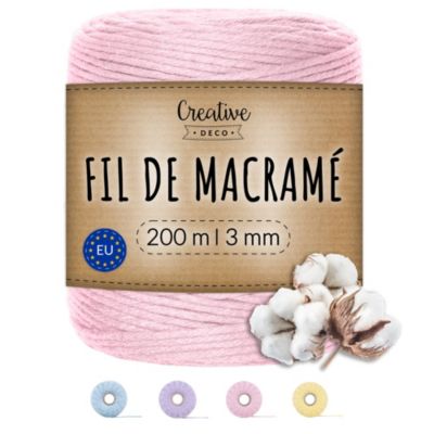 Creative Deco 3mm x 200m Corde Macramé Rose Pastel - Fil de Coton et Polyester +/- 0.5 mm Épaisseur - 30 Plis - Ficelle Naturel