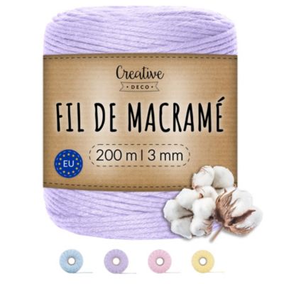 Creative Deco 3mm x 200m Corde Macramé Violet Pastel - Fil de Coton et Polyester +/- 0.5 mm Épaisseur - 30 Plis - Ficelle Naturel