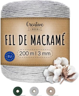 Creative Deco 3mm x 200m Corde Macrame Fil de Coton Gris Clair - +/- 0,5 mm Epaisseur - Ficelle de 30 Plis - Cordelette Naturel