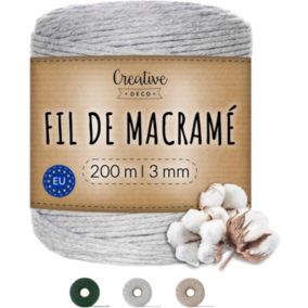 Creative Deco 3mm x 200m Corde Macrame Fil de Coton Gris Clair - +/- 0,5 mm Epaisseur - Ficelle de 30 Plis - Cordelette Naturel