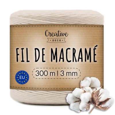 Creative Deco 3mm x 300m Corde Macramé Fil de Coton Beige - +/- 0,5 mm Épaisseur - Ficelle de 12 Plis - Cordelette Naturel