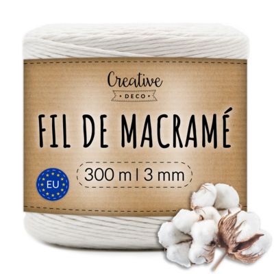 Creative Deco 3mm x 300m Corde Macramé Fil de Coton Blanc - +/- 0,5 mm Épaisseur - Ficelle de 15 Plis - Cordelette Naturel