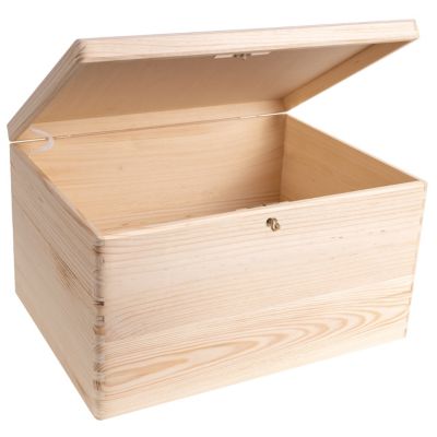 Creative Deco Boîte en Bois avec Clé - 40 x 30 x 24 cm - Boîte de Rangement Non Peinte et Brut - Coffre à Souvenirs avec Couvercle