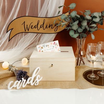 Creative Deco Boîte en Bois Naturel avec Couvercle et Clé - 29 x 25 x 15 cm - Boîte à Enveloppes - Souvenirs Mariage Anniversaire
