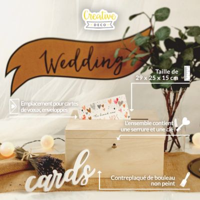 Creative Deco Boîte en Bois Naturel avec Couvercle et Clé - 29 x 25 x 15 cm - Boîte à Enveloppes - Souvenirs Mariage Anniversaire