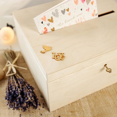 Creative Deco Boîte en Bois Naturel avec Couvercle et Clé - 29 x 25 x 15 cm - Boîte à Enveloppes - Souvenirs Mariage Anniversaire