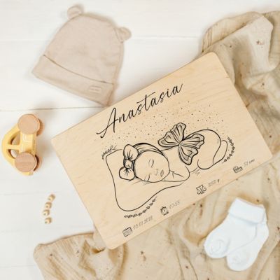 Boîte à Souvenirs Bébé Personnalisable - Bois Gravure Ours/Lion - 30x20cm