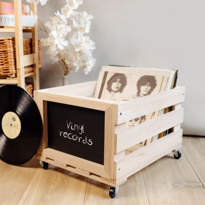Creative Deco Caisse En Bois Avec Tableau Noir 46 x 36 x 29 cm - Boite À Roulettes Pour Vinyles Jusquà 80 Disques Ou Jouets