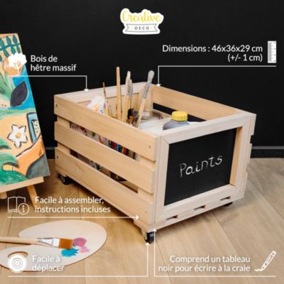 Creative Deco Caisse En Bois Avec Tableau Noir 46 x 36 x 29 cm - Boite À Roulettes Pour Vinyles Jusquà 80 Disques Ou Jouets