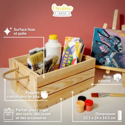 Creative Deco Caisse en Bois Noel Naturel 33,5 x 24 x 14,5 cm - Boîte de Rangement - Cagette en Bois - Livres, Jouets