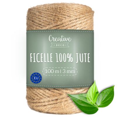 Creative Deco Ficelle Jute 100m 3mm - Corde Naturelle pour Jardinage, Bricolage, Mariage Champêtre, Attache Tomate et Ballons
