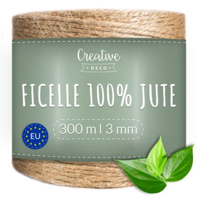 Creative Deco Ficelle Jute 300m 3mm - Corde Naturelle pour Jardinage, Bricolage, Mariage Champêtre, Attache Tomate et Ballons