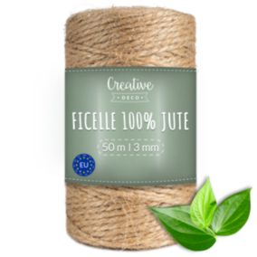 Creative Deco Ficelle Jute 50m 3mm - Corde Naturelle pour Jardinage, Bricolage, Mariage Champêtre, Attache Tomate et Ballons