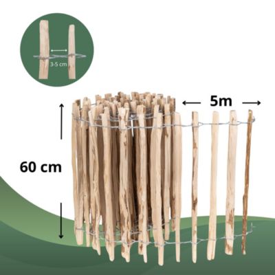 Creative Home Clôture en Bois de Noisetier - 60 cm x 5 m - Clôture en Rouleau avec Espacement de 3-5 cm - Bordure de Jardin