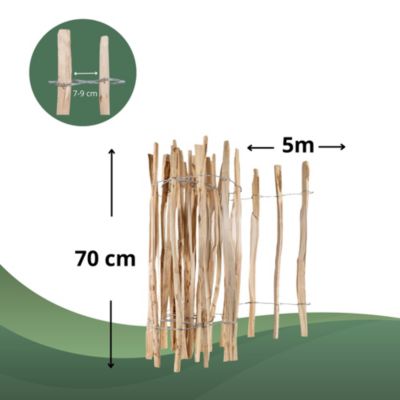Creative Home Clôture en Bois de Noisetier - 70 cm x 5 m - Clôture en Rouleau avec Espacement de 7-9 cm - Bordure de Jardin
