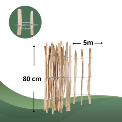 Creative Home Clôture en Bois de Noisetier - 80 cm x 5 m - Clôture en Rouleau avec Espacement de 3-5 cm - Bordure de Jardin