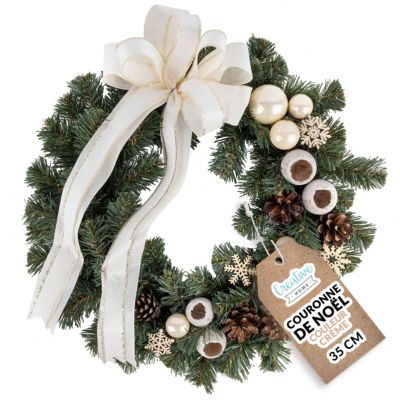 Creative Home Couronne de Noël Crème - Diamètre 35 cm - Decoration Noel Exterieur - Couronne de Noel Porte - Décoration Noel