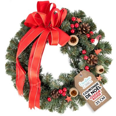 Creative Home Couronne de Noël Rouge - Diamètre 35 cm - Decoration Noel Exterieur - Couronne de Noel Porte - Décoration Noel