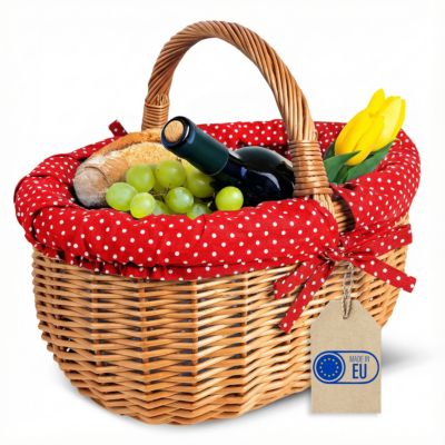 Creative Home Grand Panier Osier Avec Poignée - Bordure À Pois Rouge - 43 x 32 x 37 cm - Brun Naturel