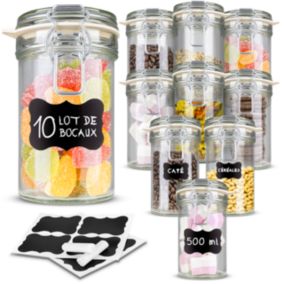 Creative Home Lot de 10 Bocaux en Verre 500ml - Bocal en Verre avec Couvercle Hermétique - Boite Rangement Cuisine - Pot a epices
